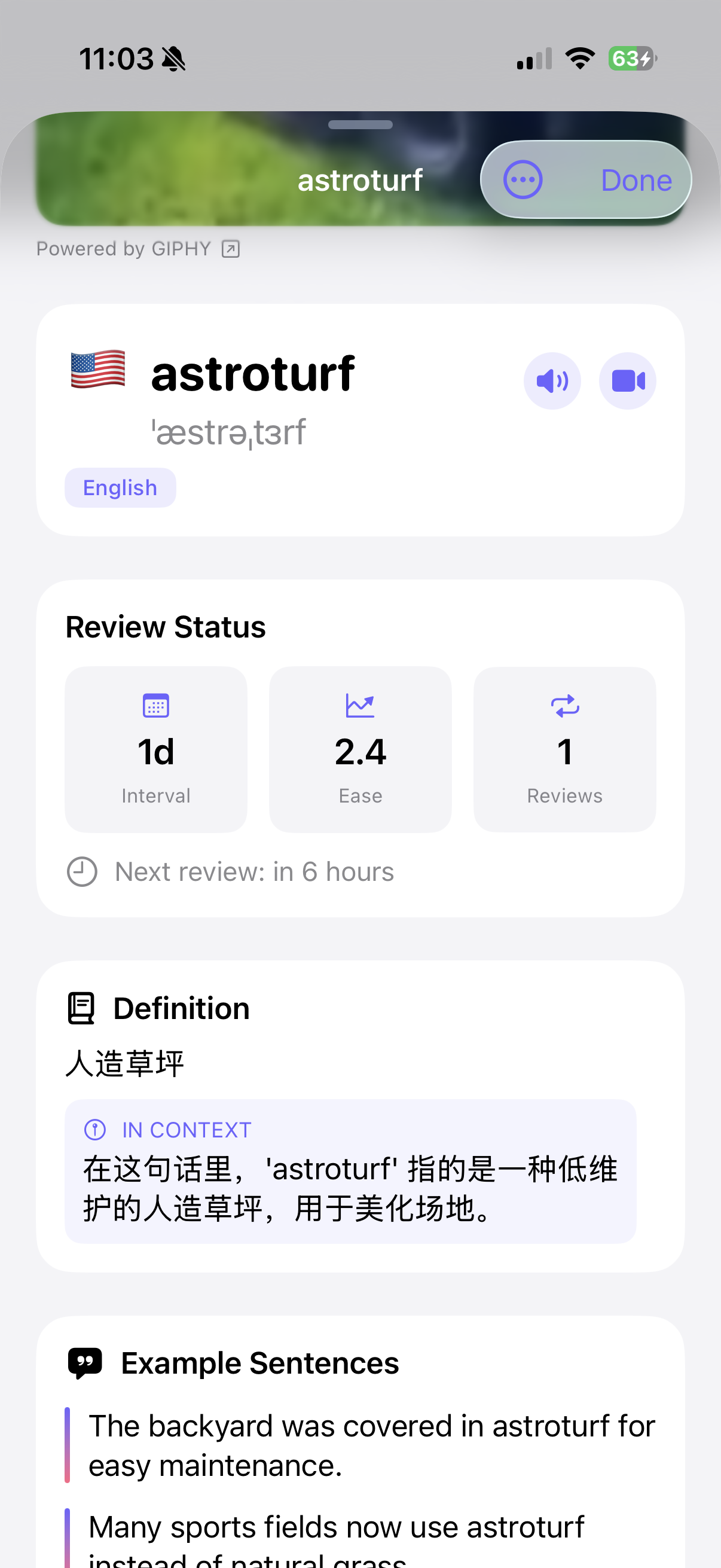 G2G iOS card detail with a looping meme GIF, definition, in-context callout, and a YouGlish pronunciation button