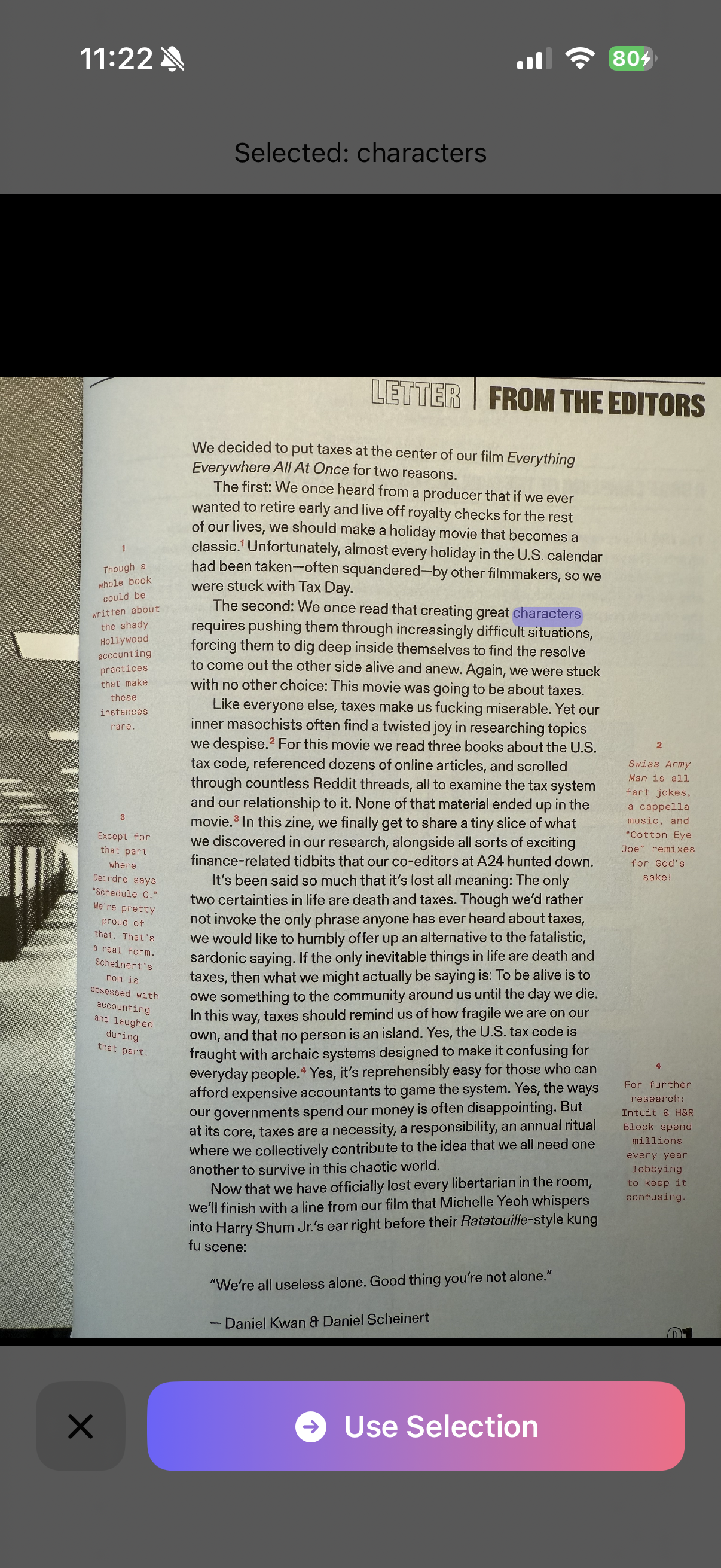 G2G iOS OCR word selector showing a photographed page with word-level tap targets