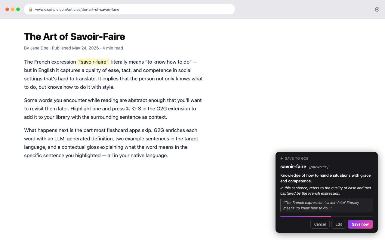 G2G Chrome extension preview toast pinned to a webpage showing the enriched card